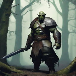 A rogue orc character standing in a dark forest, wearing tattered leather armor and holding a dagger