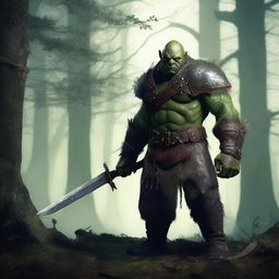 A rogue orc character standing in a dark forest, wearing tattered leather armor and holding a dagger