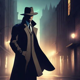 A human wizard detective in a noir-style city, wearing a trench coat and a fedora