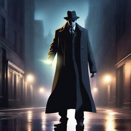 A human wizard detective in a noir-style city, wearing a trench coat and a fedora