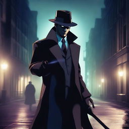 A human wizard detective in a noir-style city, wearing a trench coat and a fedora