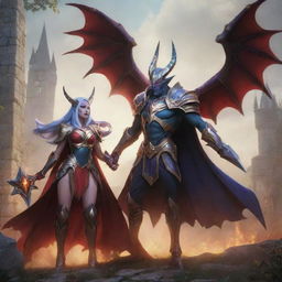 Aatrox and Soraka from League of Legends, depicted in a fantasy medieval setting playing in the League of Runaterra