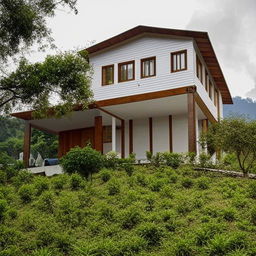 A simple yet elegant two-story 45x30 house based in the hilly area of Sikkim, India. The house design showcases traditional Indian influences combined with modern simplicity that blends harmoniously with the natural surroundings.