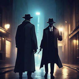 A human wizard detective in a noir-style city, wearing a trench coat and a fedora