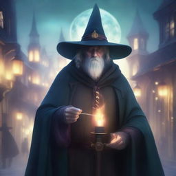 A human fantasy wizard detective in a magical city, wearing a long cloak and a wide-brimmed hat