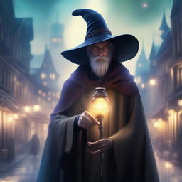 A human fantasy wizard detective in a magical city, wearing a long cloak and a wide-brimmed hat