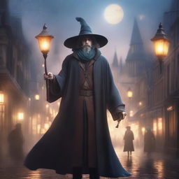 A human fantasy wizard detective in a magical city, wearing a long cloak and a wide-brimmed hat