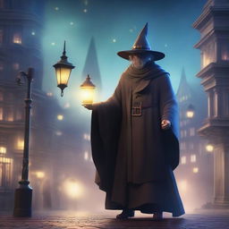 A human fantasy wizard detective in a magical city, wearing a long cloak and a wide-brimmed hat