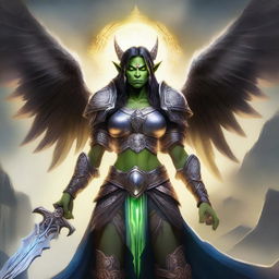 A powerful female orc angel from the Warcraft universe, with majestic wings and a fierce yet divine presence