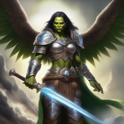 A powerful female orc angel from the Warcraft universe, with majestic wings and a fierce yet divine presence