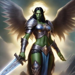 A powerful female orc angel from the Warcraft universe, with majestic wings and a fierce yet divine presence