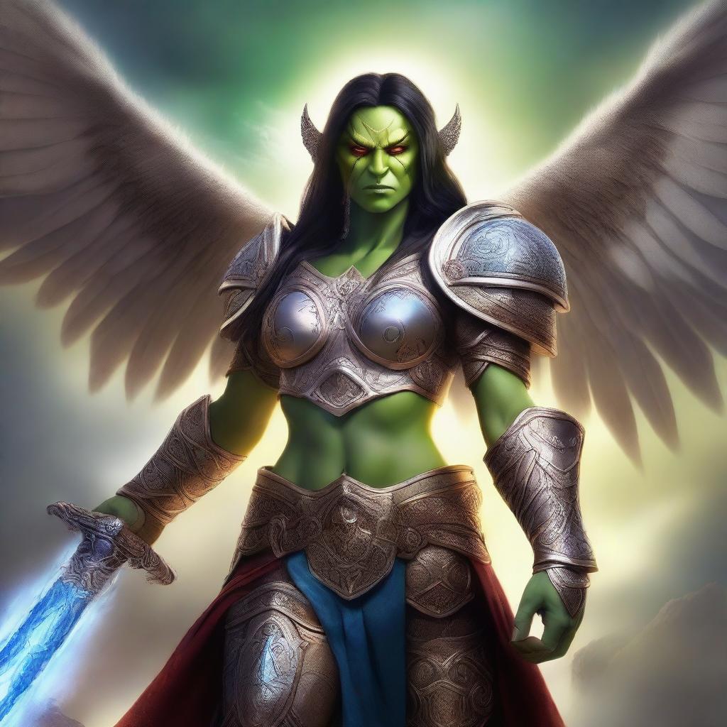 A powerful female orc angel from the Warcraft universe, with majestic wings and a fierce yet divine presence