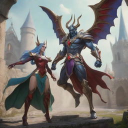 Aatrox and Soraka from League of Legends, depicted in a fantasy medieval setting playing in the League of Runaterra