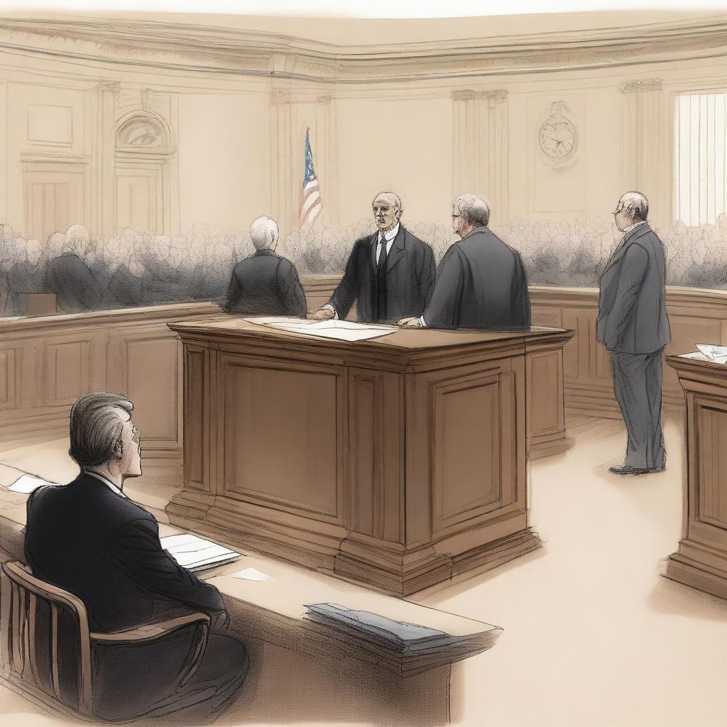 A courtroom scene depicting the trial of accused persons