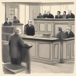 A courtroom scene depicting the trial of accused persons