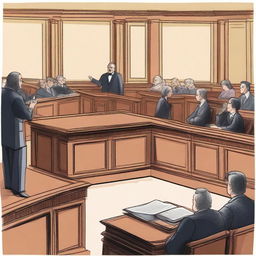 A courtroom scene depicting the trial of accused persons