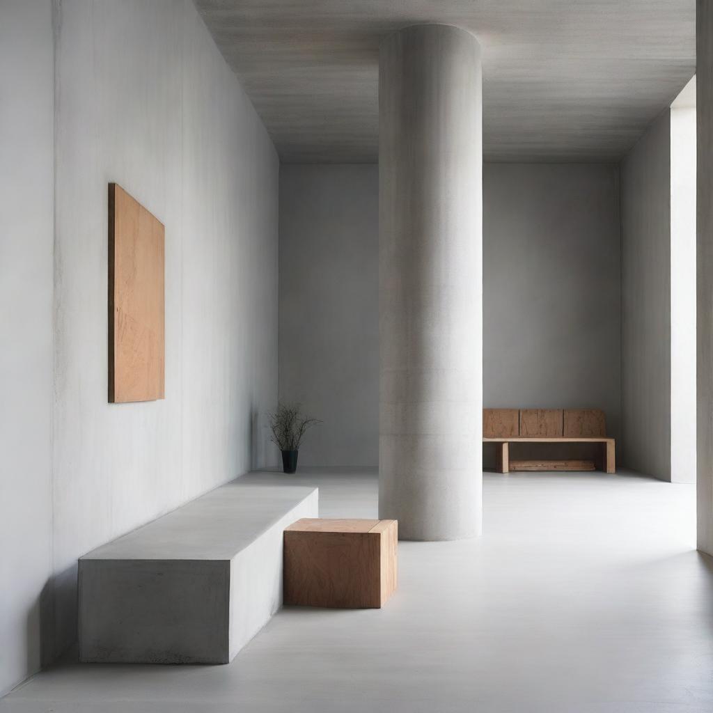 A minimalist interior space design featuring concrete and wood elements, created for an art exhibition