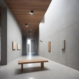 A minimalist interior space design featuring concrete and wood elements, created for an art exhibition