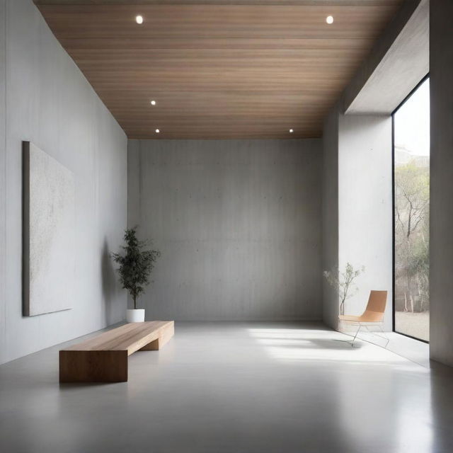 A minimalist interior space design featuring concrete and wood elements, created for an art exhibition