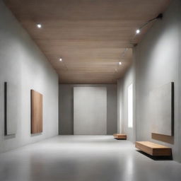 A minimalist interior space design featuring concrete and wood elements, created for an art exhibition