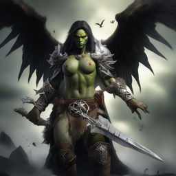 A defiled female orc angel from the Warcraft universe, with broken wings and a dark, corrupted presence