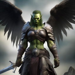 A defiled female orc angel from the Warcraft universe, with broken wings and a dark, corrupted presence