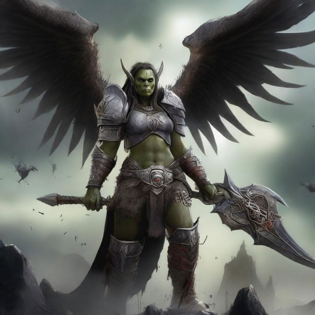 A defiled female orc angel from the Warcraft universe, with broken wings and a dark, corrupted presence