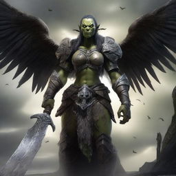 A defiled female orc angel from the Warcraft universe, with broken wings and a dark, corrupted presence