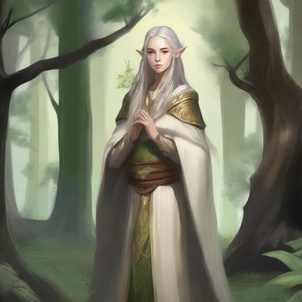 An elven cleric of Erastil standing in a serene forest, wearing ornate robes and holding a bow