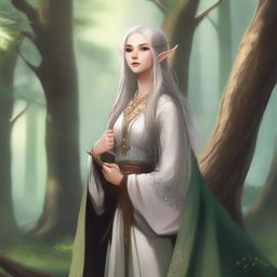 An elven cleric of Erastil standing in a serene forest, wearing ornate robes and holding a bow