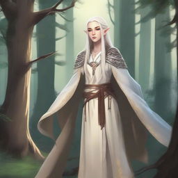 An elven cleric of Erastil standing in a serene forest, wearing ornate robes and holding a bow