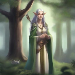 An elven cleric of Erastil standing in a serene forest, wearing ornate robes and holding a bow