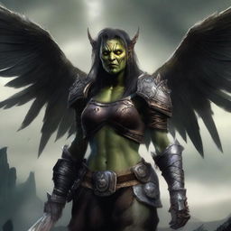 A defiled female orc angel from the Warcraft universe, shown in a portrait with a mutilated face and broken wings