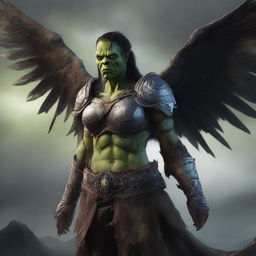 A defiled female orc angel from the Warcraft universe, shown in a portrait with a mutilated face and broken wings