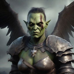 A defiled female orc angel from the Warcraft universe, shown in a portrait with a mutilated face and broken wings