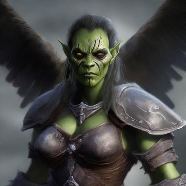 A defiled female orc angel from the Warcraft universe, shown in a portrait with a mutilated face and broken wings