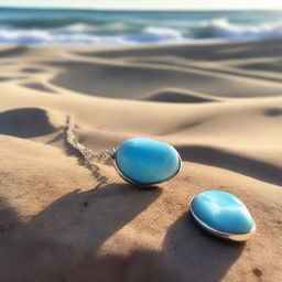 A broken larimar gemstone necklace lying on a sandy beach