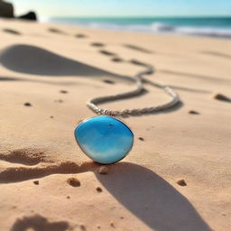 A broken larimar gemstone necklace lying on a sandy beach