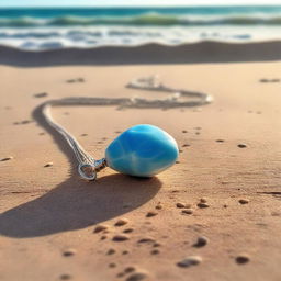 A broken larimar gemstone necklace lying on a sandy beach