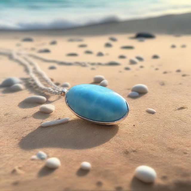 A broken larimar gemstone necklace lying on a sandy beach