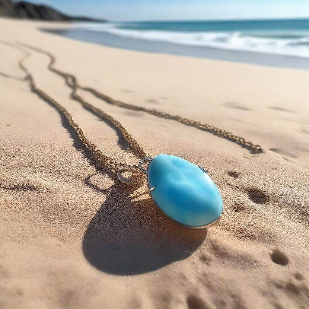 A broken larimar gemstone necklace lying on a sandy beach, glowing under the sunlight