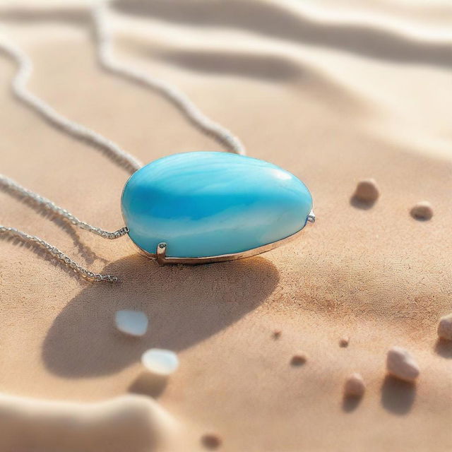 A broken larimar gemstone necklace lying on a sandy beach, glowing under the sunlight