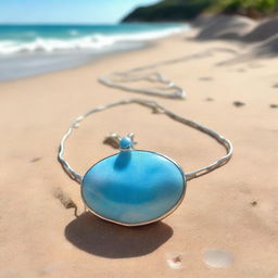 A broken larimar gemstone necklace lying on a sandy beach, glowing under the sunlight