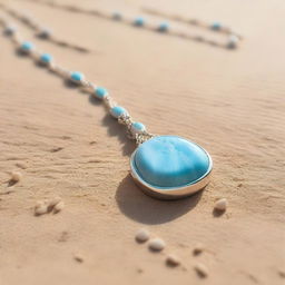 A broken larimar gemstone necklace lying on a sandy beach, glowing under the sunlight