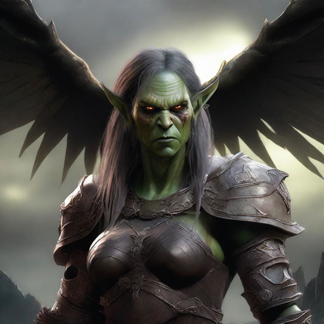 A defiled yet beautiful female orc angel from the Warcraft universe, shown in a portrait with a mutilated face and broken wings