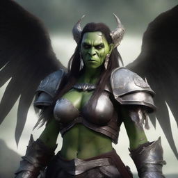 A defiled yet beautiful female orc angel from the Warcraft universe, shown in a portrait with a mutilated face and broken wings