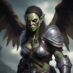 A defiled yet beautiful female orc angel from the Warcraft universe, shown in a portrait with a mutilated face and broken wings