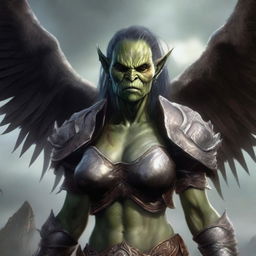 A defiled yet beautiful female orc angel from the Warcraft universe, shown in a portrait with a mutilated face and broken wings