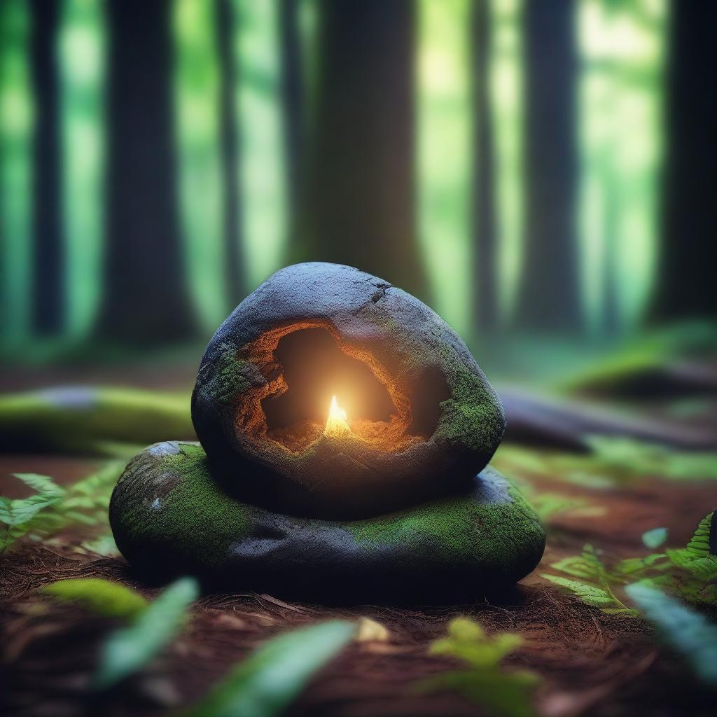 A mystical stone glowing brightly in a dark forest