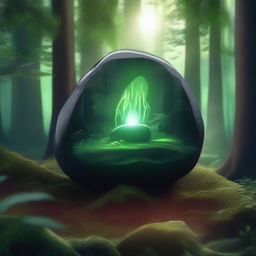 A mystical stone glowing brightly in a dark forest